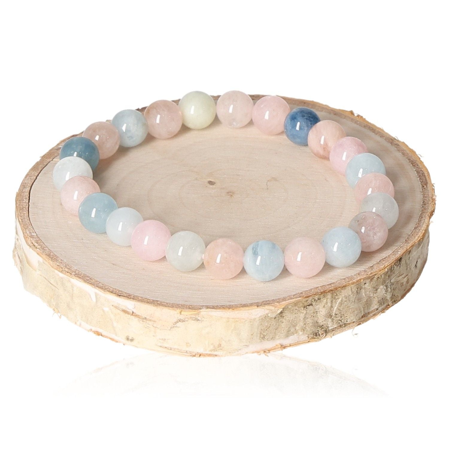 Morganite MIX Bracelet 8mm featuring pastel-colored beads on a wooden display.