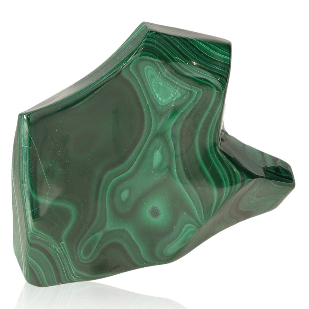 Polished malachite stone displaying vibrant green swirls, known for its soothing and energizing properties.