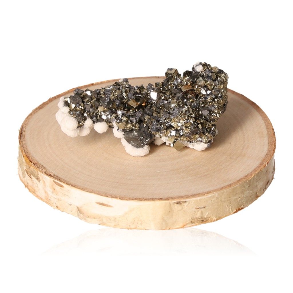 Pyrite druzy crystal on wooden display stand, promoting independence and courage for life goals.