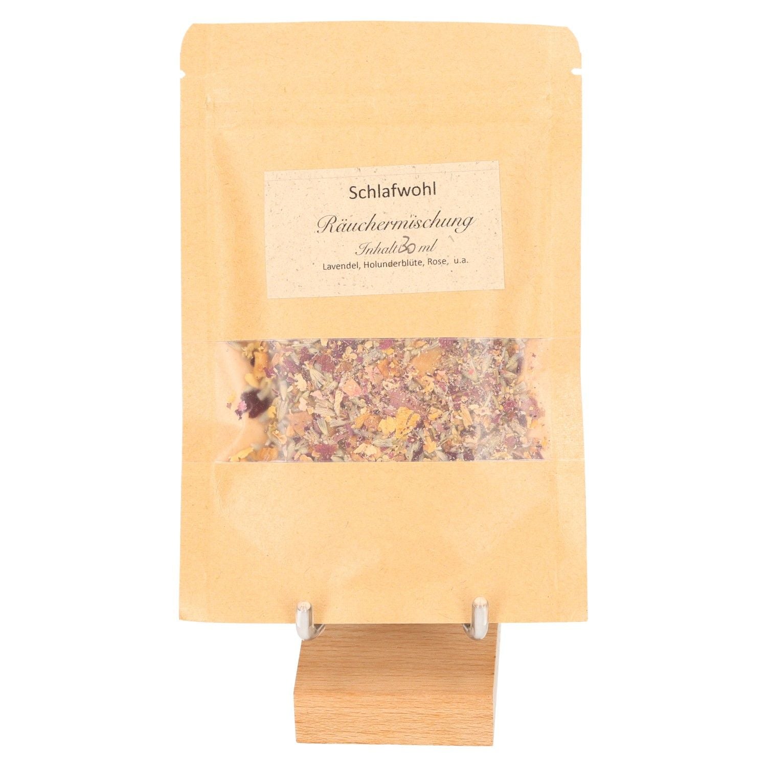 Incense Blend "Restful Slumber" with Lavender and Elderflower for calming and soothing sleep, displayed in a kraft bag on a stand.