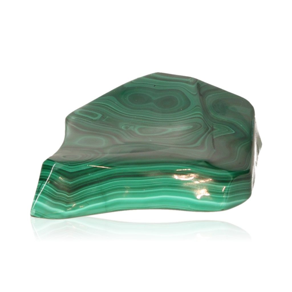 Polished malachite stone with rich green patterns, symbolizing nature's soothing energy and helping with courage and optimism.