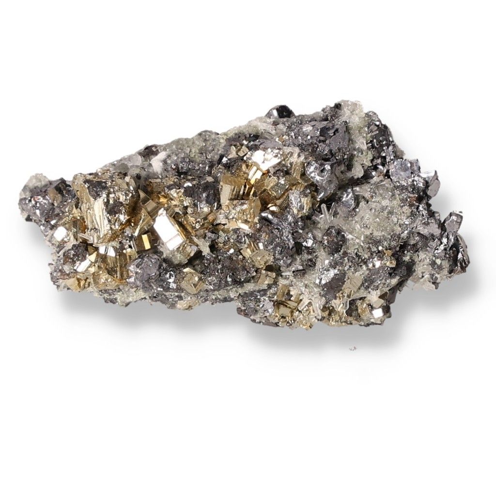 Galena with embedded pyrite crystals showcasing metallic sheen, valued for transformation and grounding in spiritual practices.