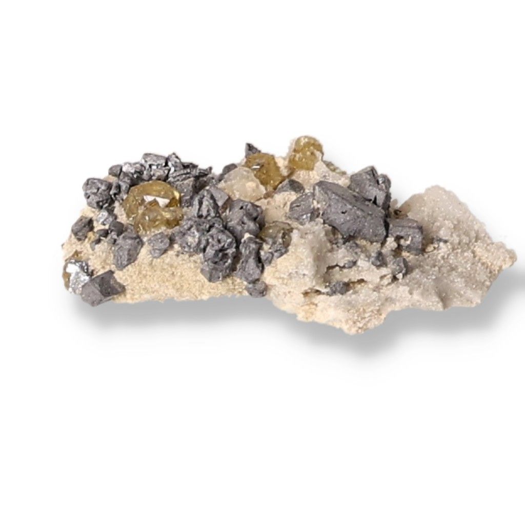 Galena with Chalcopyrite mineral specimen on white background