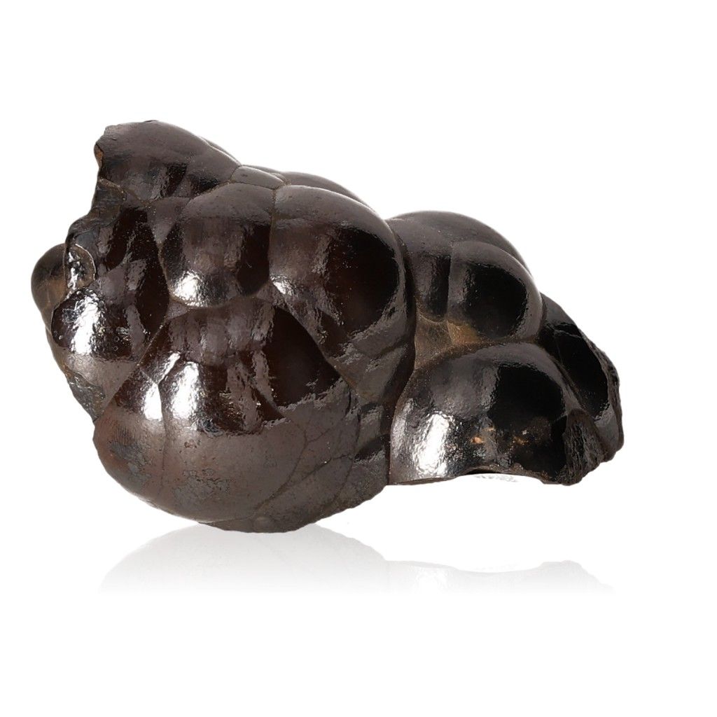 Polished botryoidal hematite crystal cluster with a shiny, metallic surface, ideal for grounding and emotional balance.