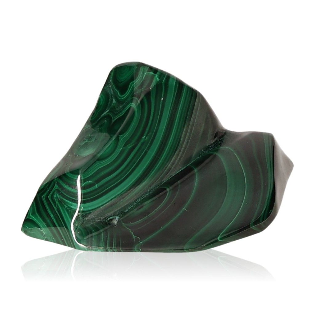 Polished malachite stone with vibrant green bands, a natural crystal known for its soothing energy and support in navigating life changes.