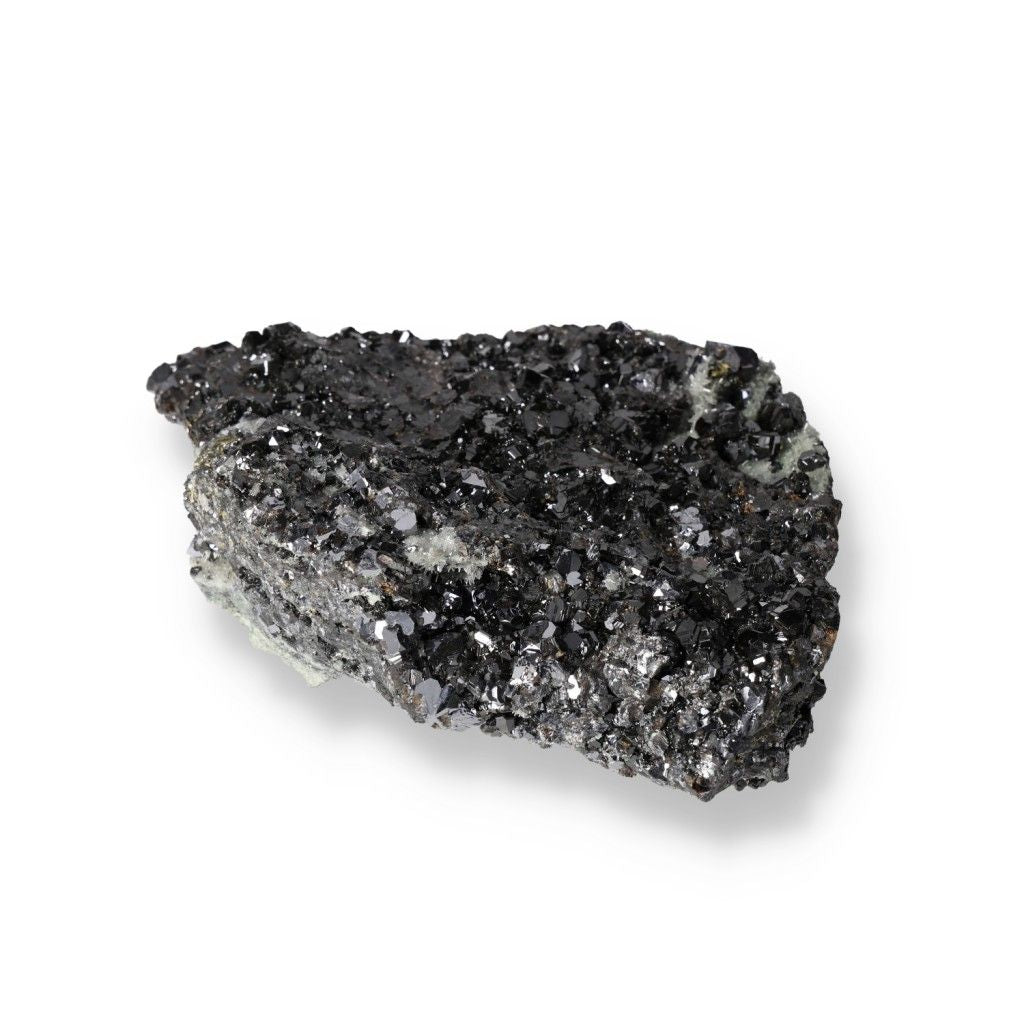 Black sphalerite mineral crystal, known for grounding energy and healing properties, used in jewelry and spiritual practices.