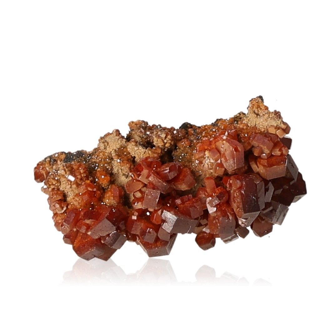 Vanadinite Druze with vibrant reddish-brown hexagonal crystals on a glassy surface, enhancing focus, motivation, and transformation.