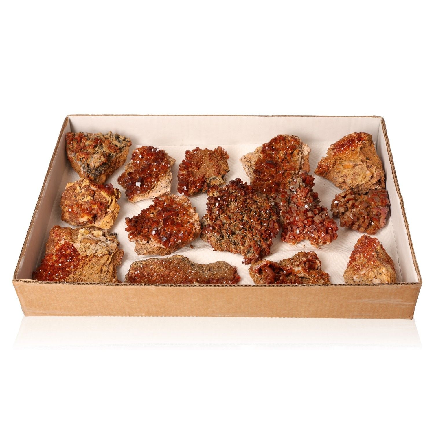 Collection of Vanadinite druzy stones with vibrant reddish-brown crystals displayed in a cardboard box.