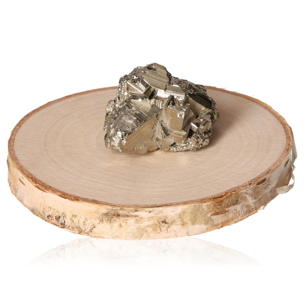 Pyrite druzy on wooden slab, promoting independence and courage, ideal for inspiring new ideas and achieving goals.