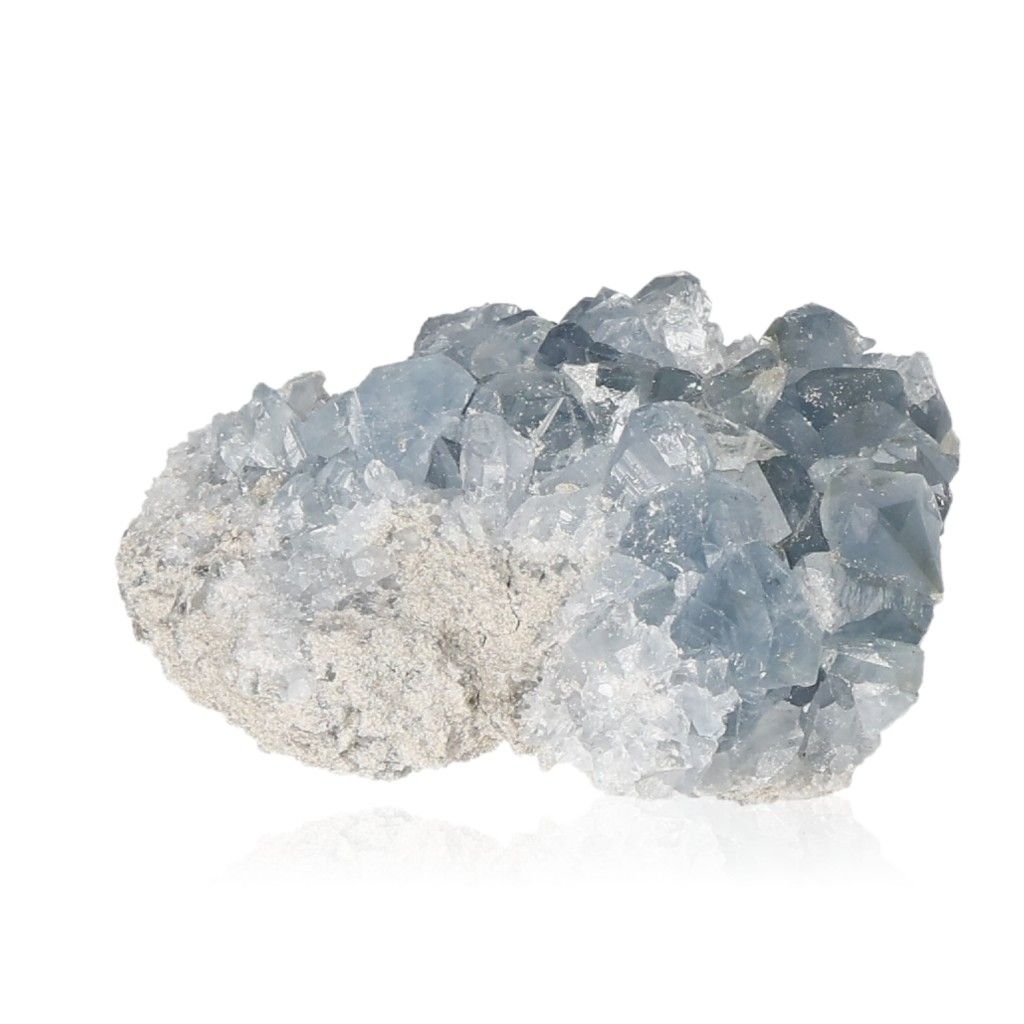 Celestite crystal cluster showcasing serene blue hues and natural formations for spiritual calm and divine connection.