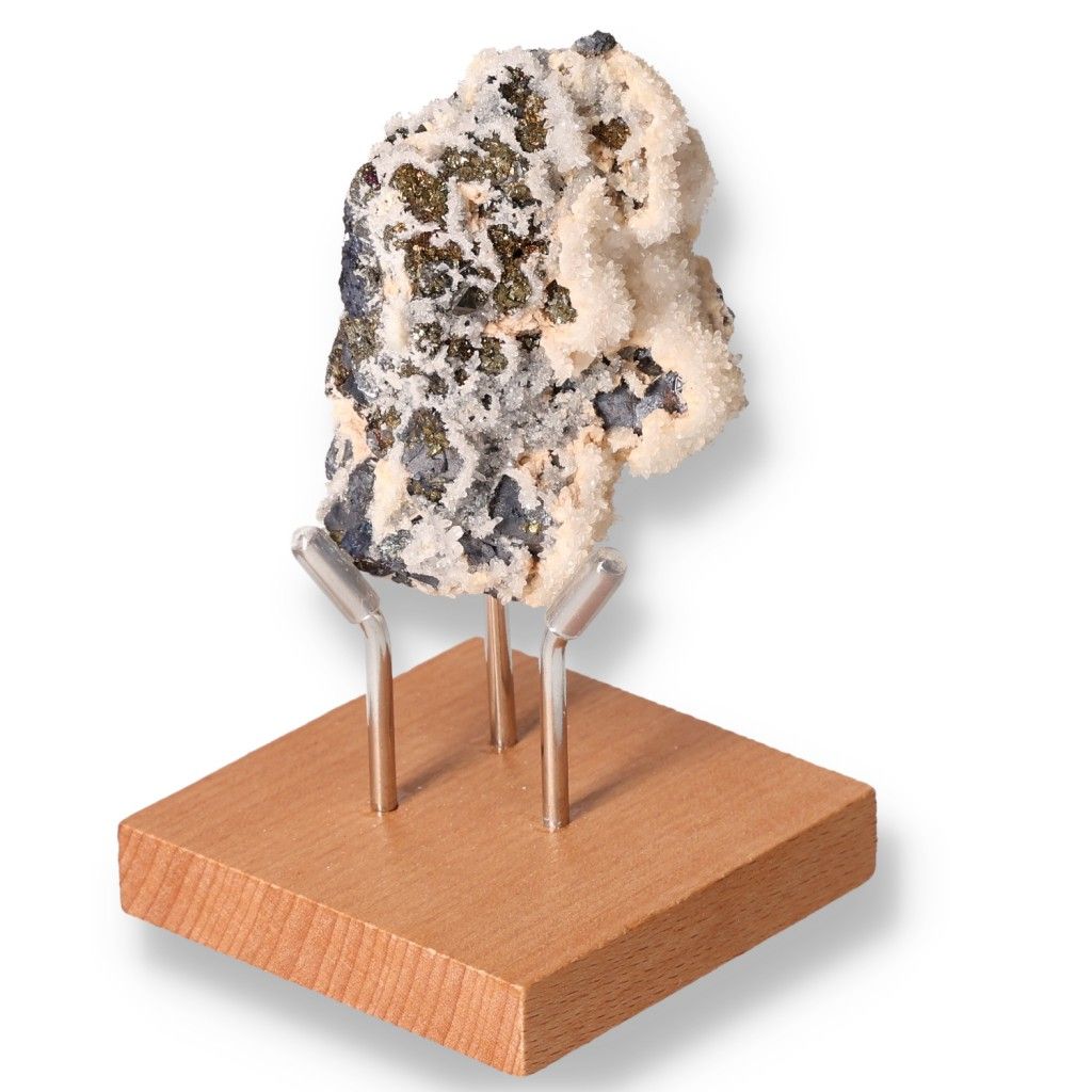 Galena with Pyrite mineral specimen on wooden display stand, used for spiritual transformation and grounding in esoteric practices.