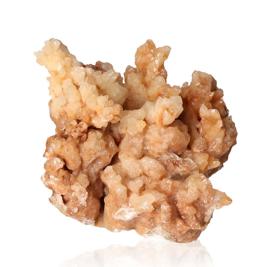 Cave calcite stalactite cluster showcasing natural mineral formations and layered textures on a white background.