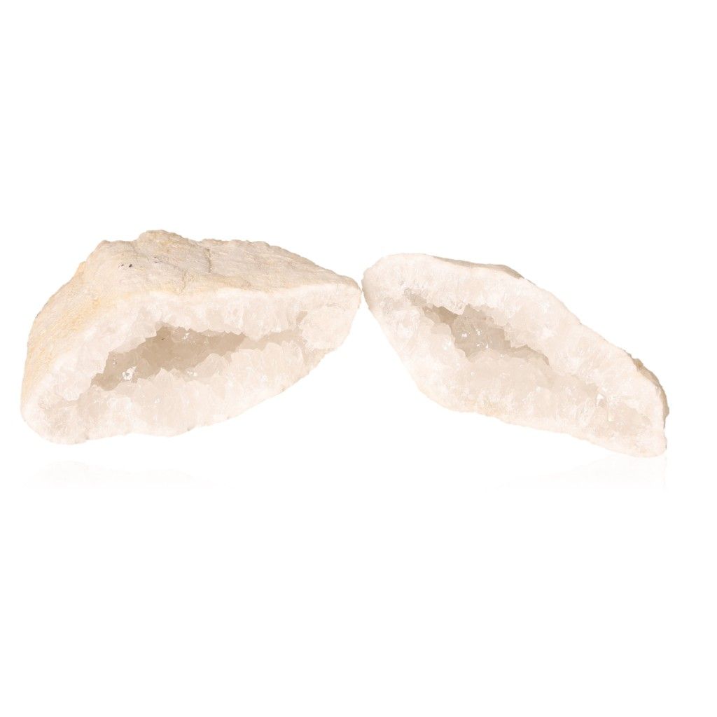 Milky quartz geode split open revealing sparkling cloudy white crystals, perfect for enhancing tranquility and balancing energy.