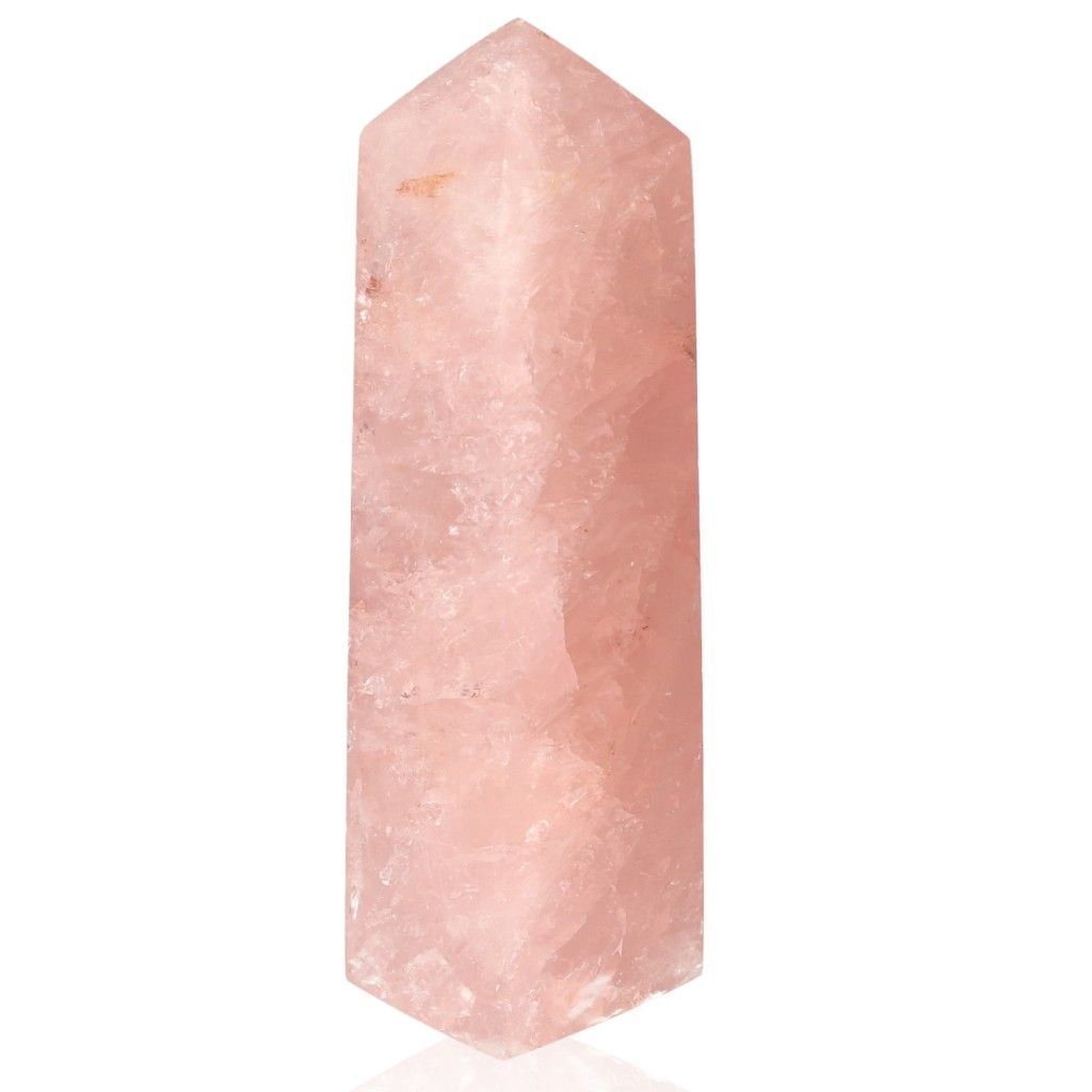 Polished Rose Quartz Obelisk by Sylvia Crystals, symbolizing love and healing, crafted from natural rose quartz.