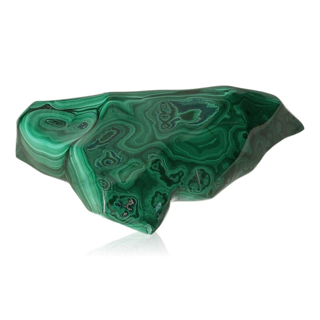 Polished malachite stone with vibrant green swirls, symbolizing nature and harmony.