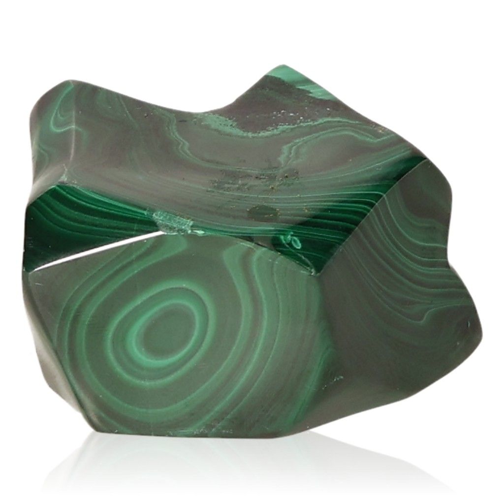 Polished malachite stone with vibrant green swirls and patterns, known for soothing energy and promoting courage and optimism.