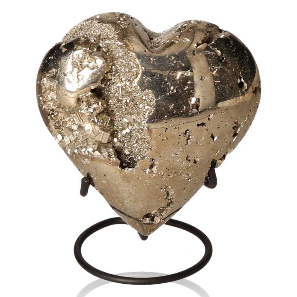 Pyrite heart stone on stand, promoting independence and courage, ideal for inspiration and achieving goals.