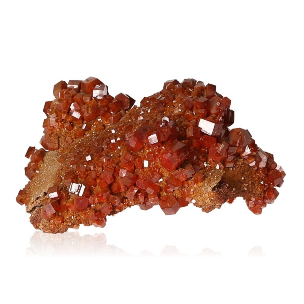 Vanadinite druze with vibrant reddish-brown hexagonal crystals and glassy surface on a white background.