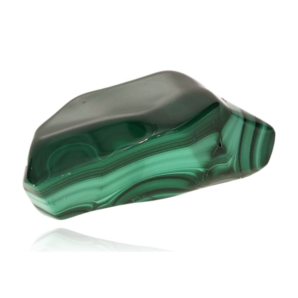 Smooth polished green malachite stone showcasing natural patterns and a vibrant sheen.