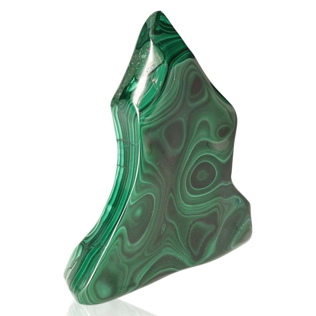 Malachite crystal with swirling green patterns, known for its soothing energy and ability to support courage and optimism.