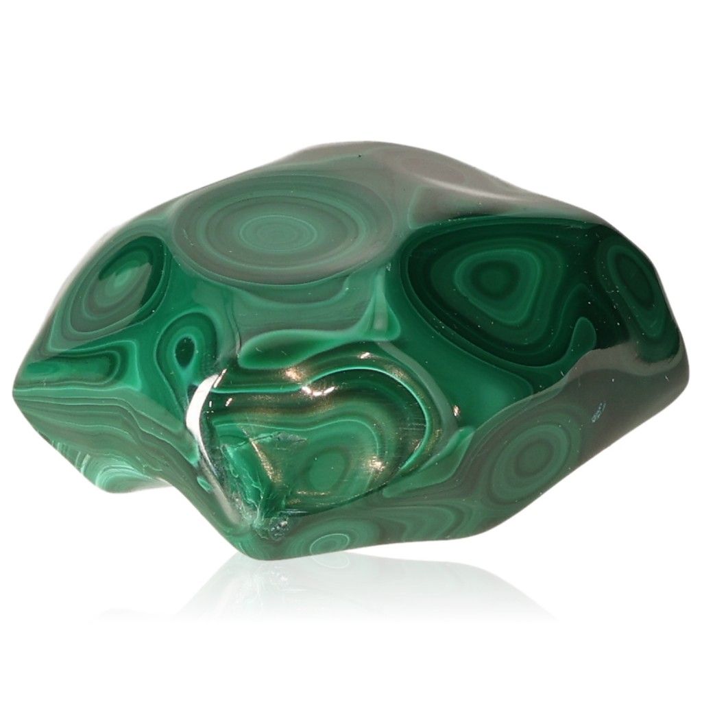 Polished malachite stone with vibrant green patterns, known for soothing energy and promoting courage and optimism.