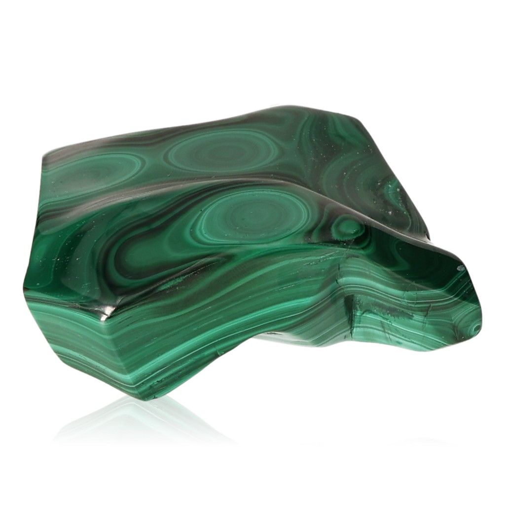 Polished malachite stone with vibrant green patterns, known for promoting courage and inner harmony.