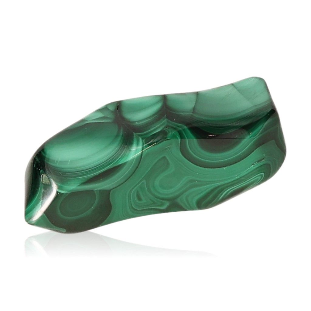 Malachite stone with swirling green patterns representing nature's soothing and energizing properties.