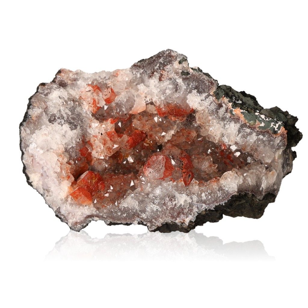 Red amethyst druzy with crystal formations, known for stress reduction, energy boost, enhanced concentration, and emotional stability.