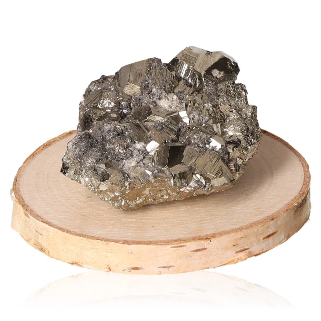 Pyrite druze crystal on wooden base, promotes independence and courage, inspires idea generation and action.