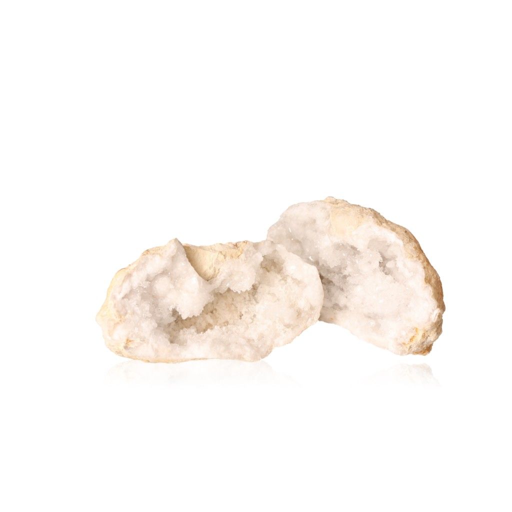 Milky quartz geode split open to reveal sparkling cloudy white crystals, perfect for energy cleansing and enhancing tranquility.