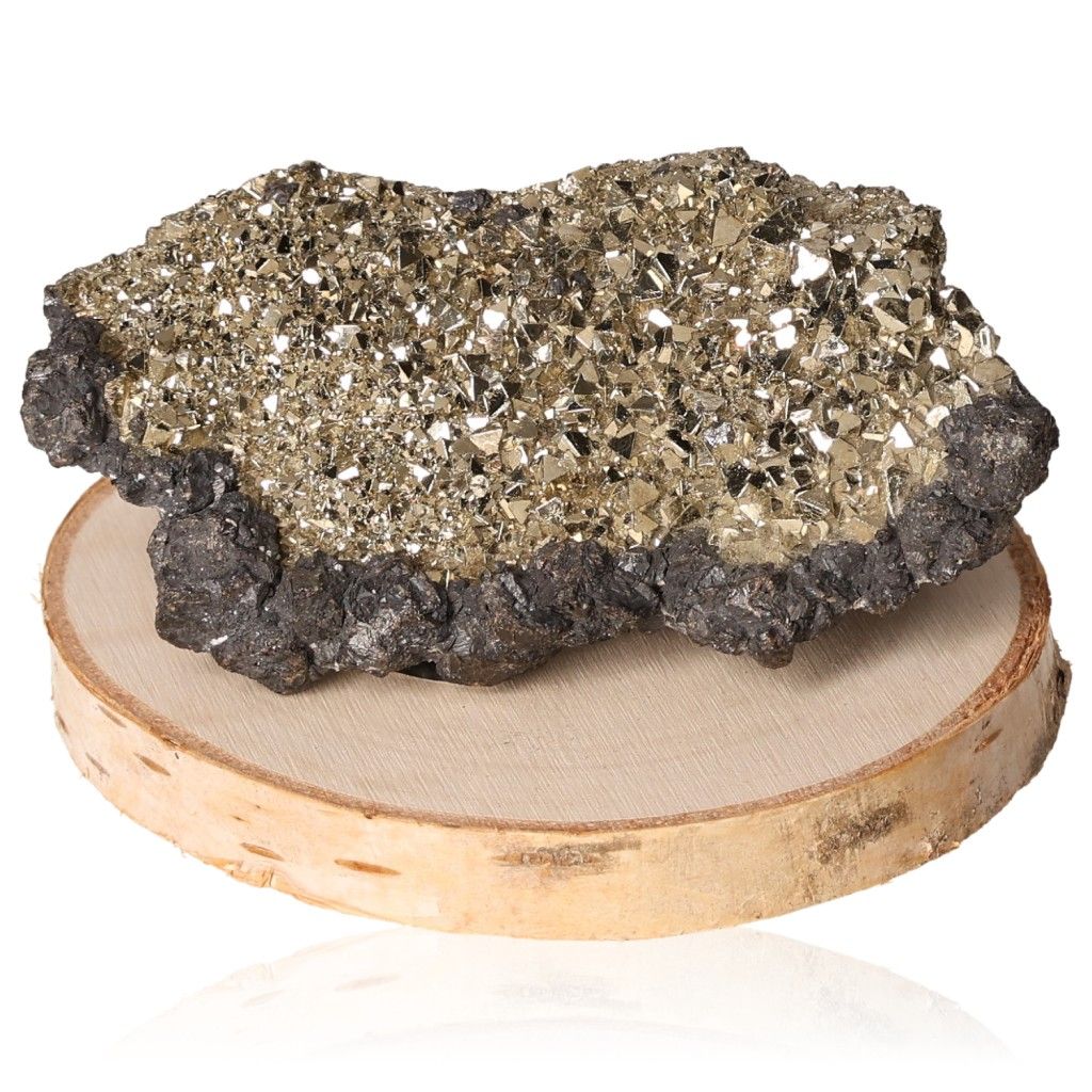 Sparkling pyrite druze on a wooden base, enhancing independence and courage by motivating action and idea generation.