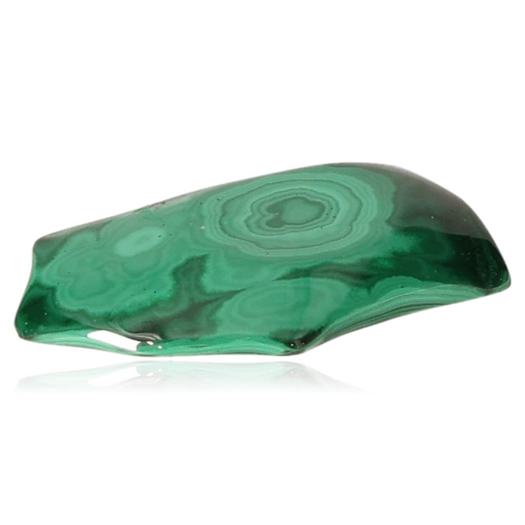 Polished green malachite stone with swirling patterns, known for its soothing energy and support in finding inner harmony.