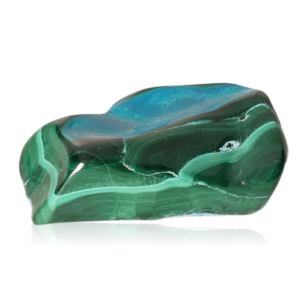 Blue Chrysocolla with Malachite gemstone showcasing tranquil and transformative properties.