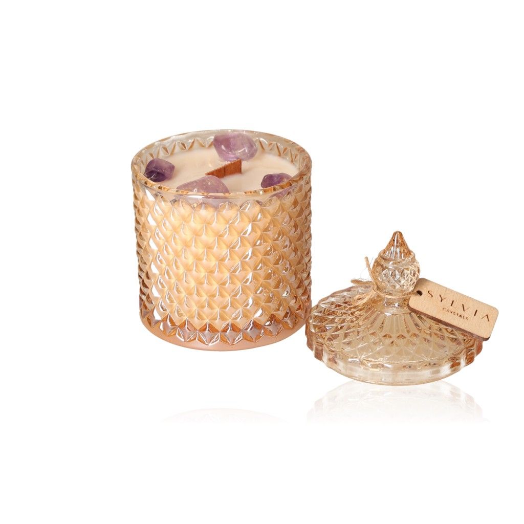 Luxury Soy Candle Lady Frela with Lavish Cut Glass Jar, featuring Purple Stones, Designed by Sylvia