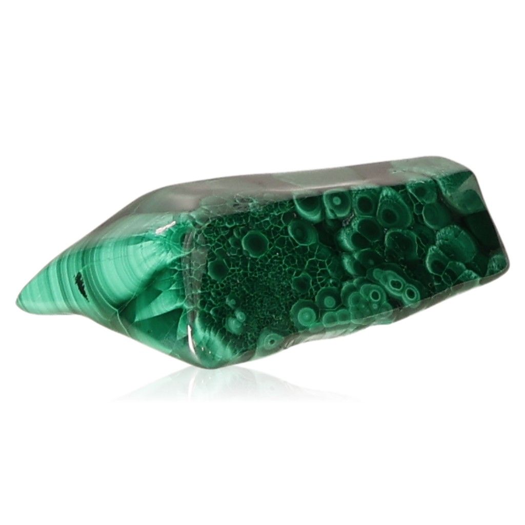 Polished malachite stone showing vibrant green patterns, known for its soothing energy and ability to inspire courage and positivity.