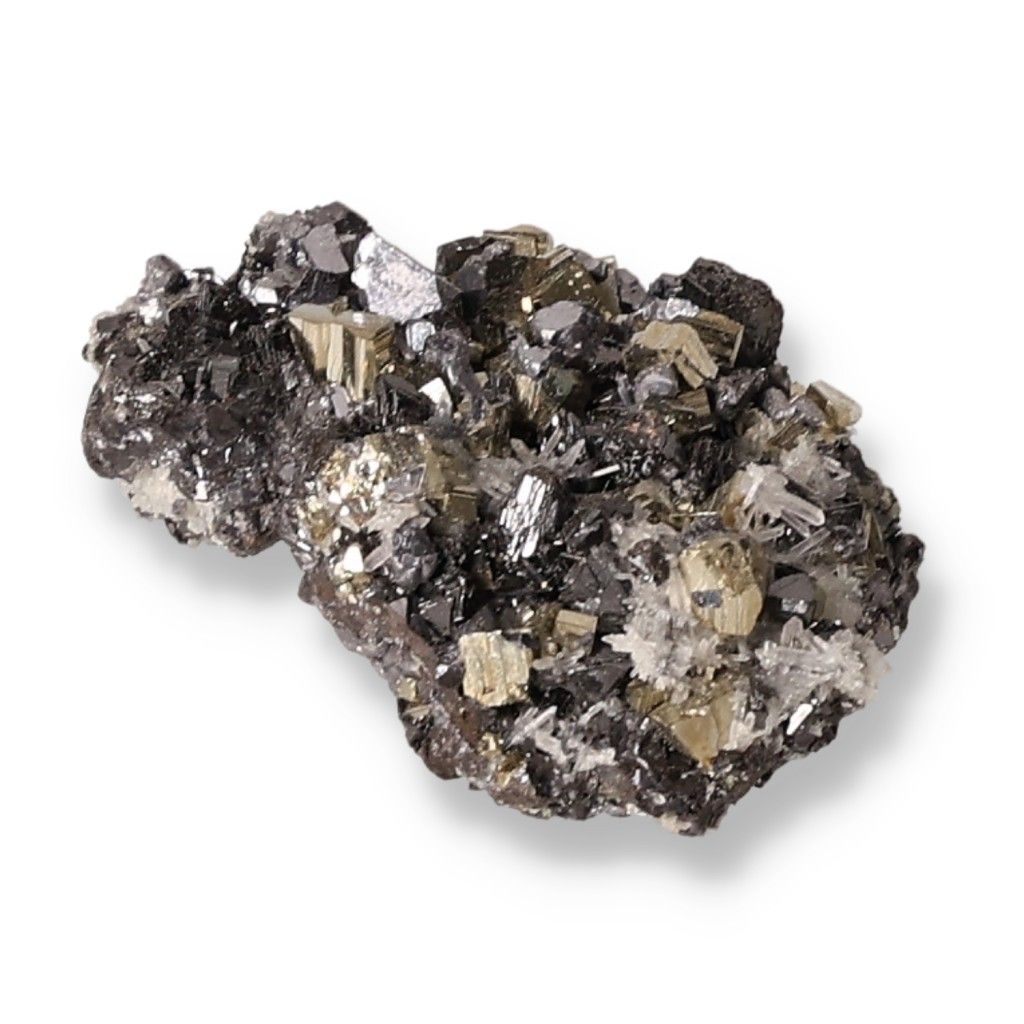 Galena with pyrite mineral cluster showcasing its shiny metallic appearance and transformative properties.