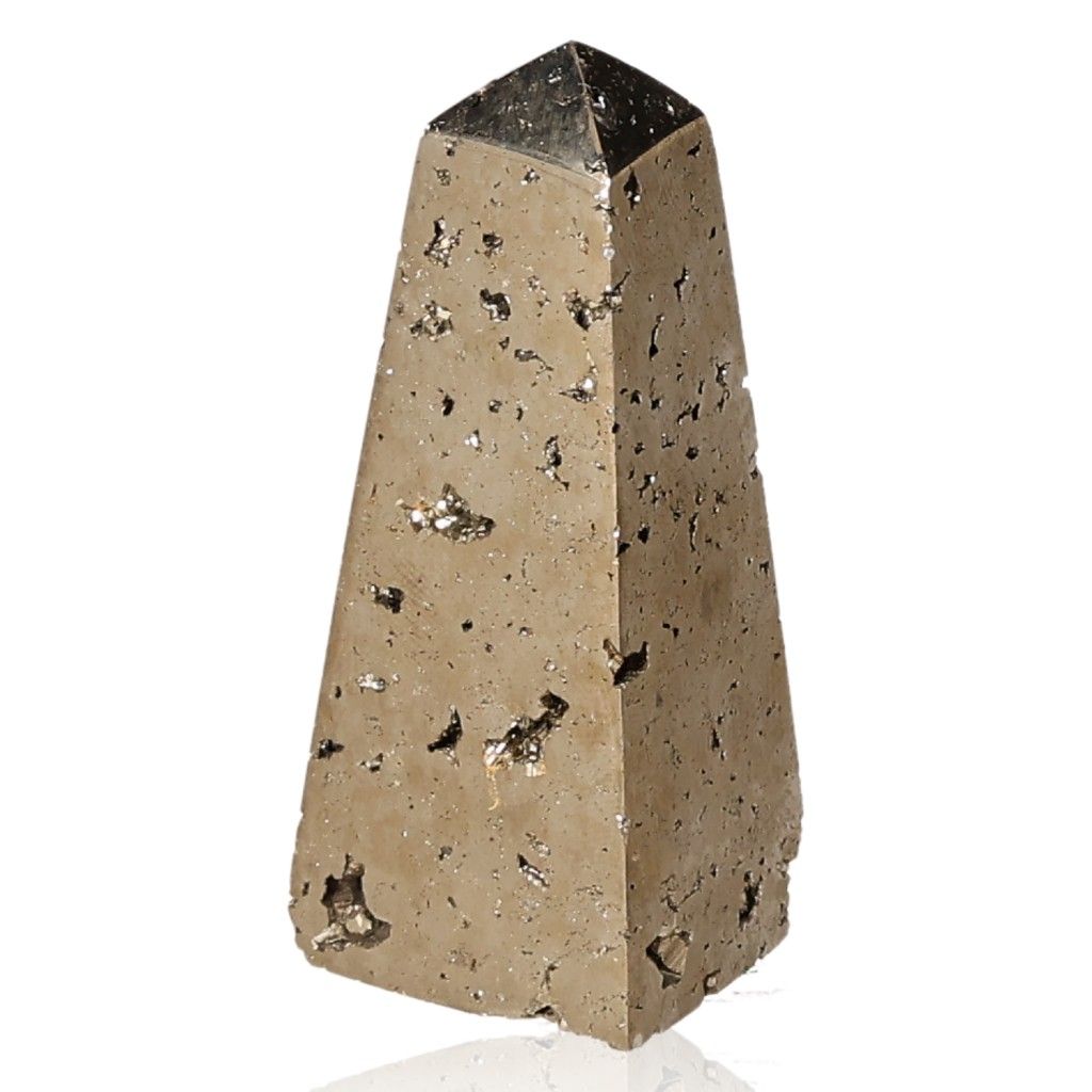 Pyrite obelisk stone for independence and courage, inspires new ideas and goal achievement.