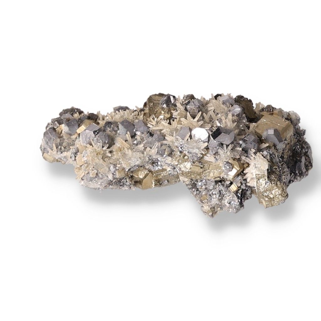 Galena with quartz and chalcopyrite mineral cluster showcasing reflective surfaces and unique formations.