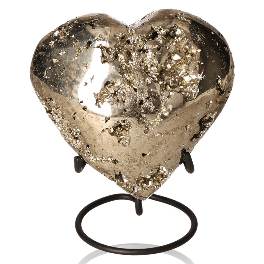 Pyrite heart-shaped stone on a stand, symbolizing courage and independence, ideal for inspiration and motivation.