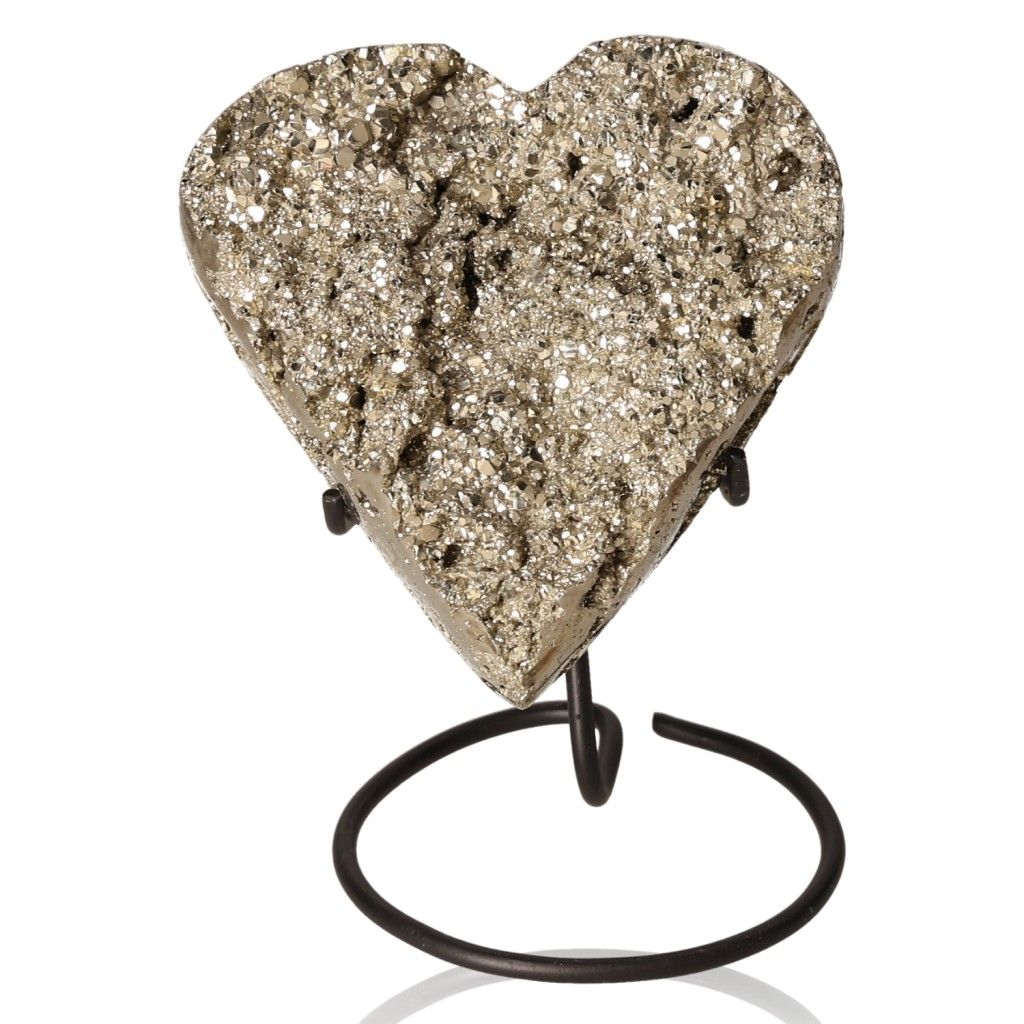 Sparkling pyrite heart sculpture on a metal stand, inspiring independence and creativity.