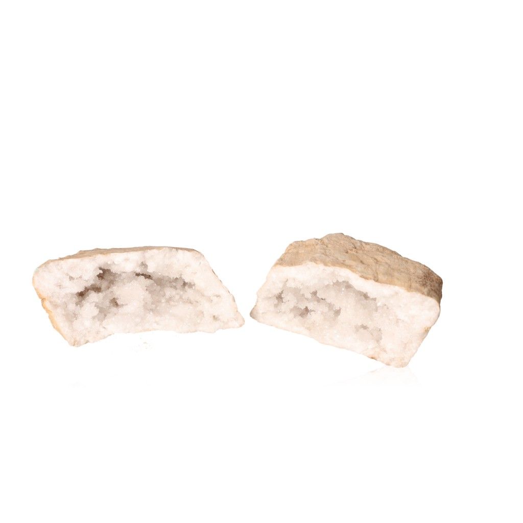 Split quartz geode revealing sparkling white crystals, perfect for energy balancing and enhancing tranquility.