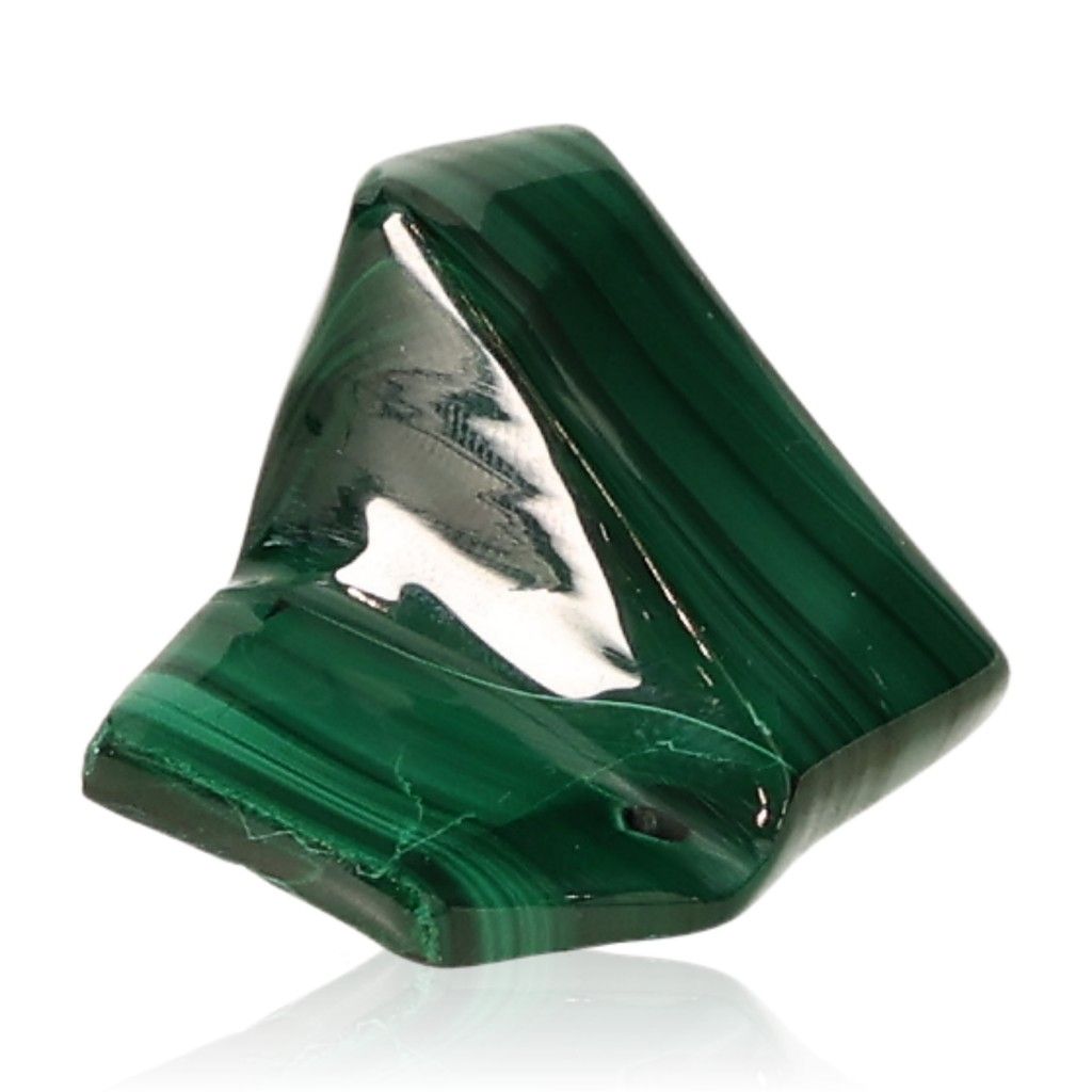 Polished malachite stone with vibrant green bands, known for soothing energy and promoting courage and positivity.