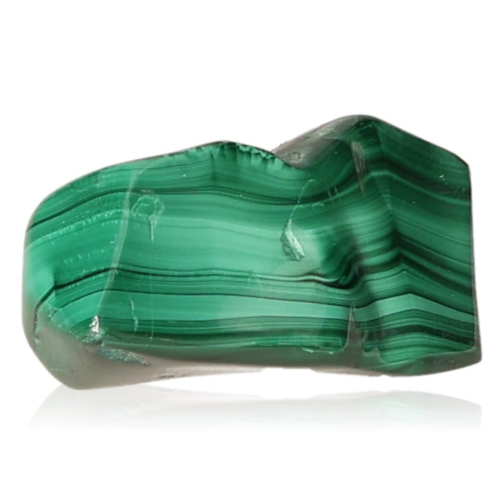 Polished malachite stone with vivid green stripes showcasing its natural beauty and calming energy.