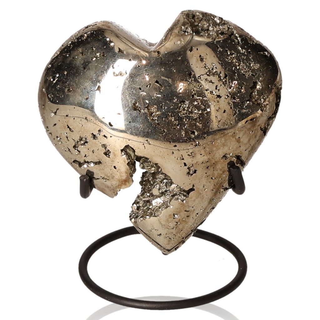 Pyrite heart stone on stand, promoting independence and courage, ideal for motivation and goal achievement.