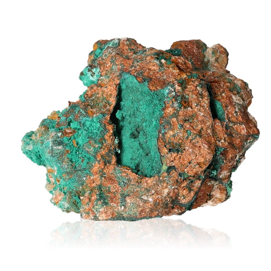 Raw malachite druze with vibrant green hues and rugged texture on a white background, promoting harmony and courage.