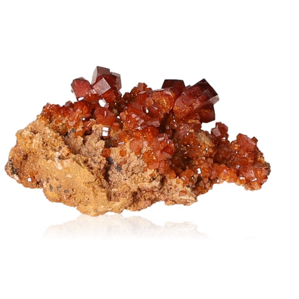 Vanadinite Druze with vibrant reddish-brown hexagonal crystals on a rocky base, enhancing focus and motivation.