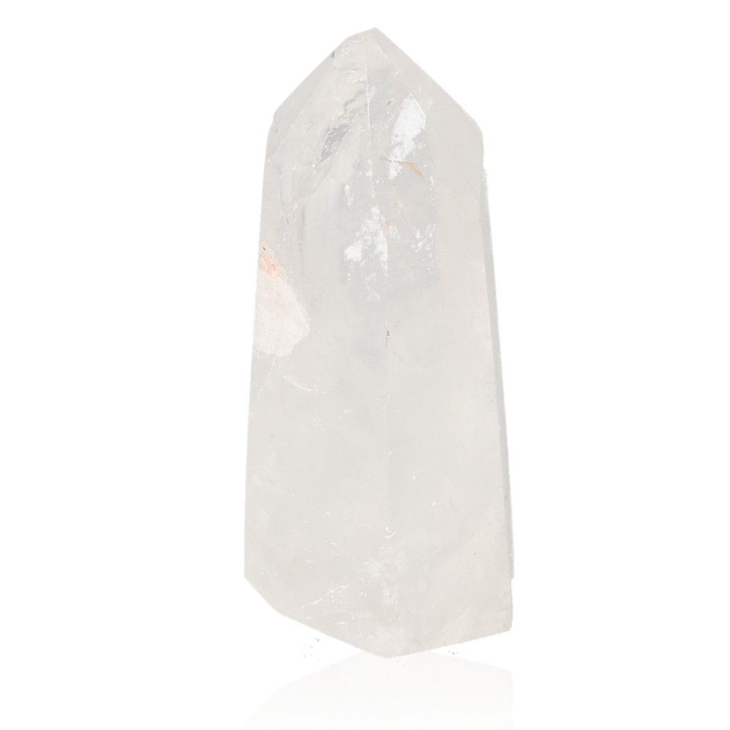 Polished crystal quartz point with unique energetic properties for chakra alignment and spiritual healing.