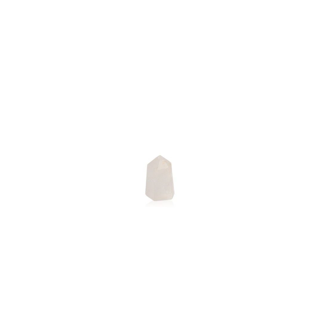 Polished crystal quartz point on white background for chakra healing and spiritual balance.