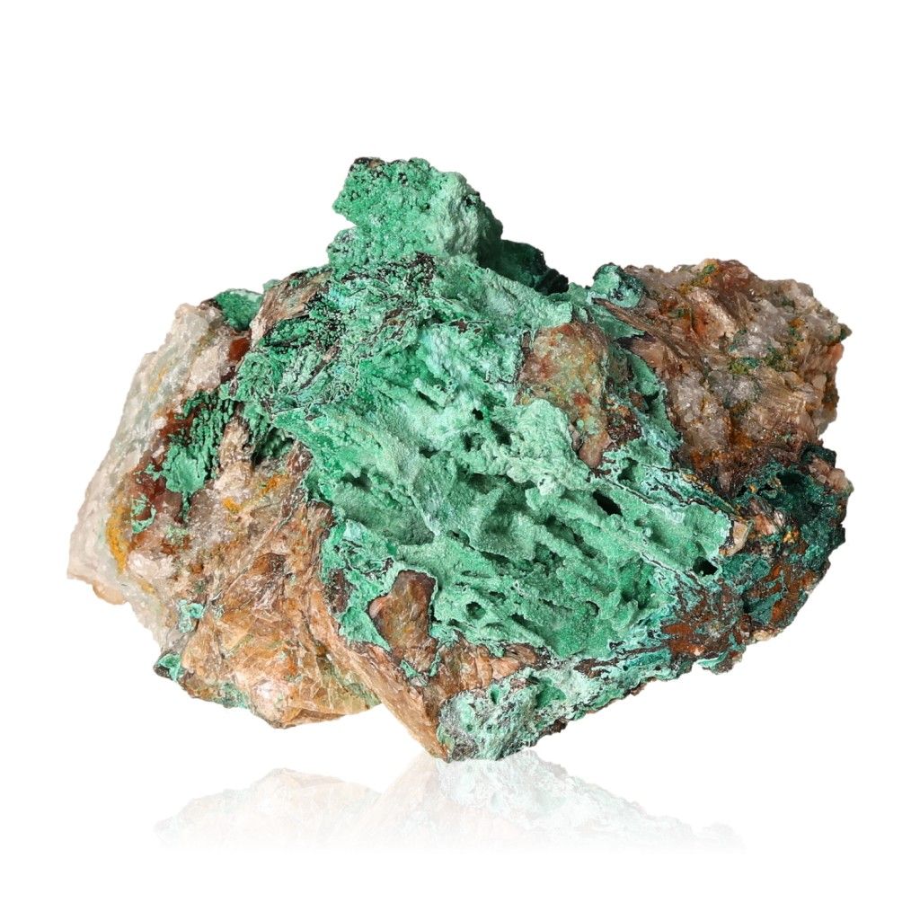 Green malachite druzy stone with earthy tones, known for its soothing energy and ability to foster courage and optimism.