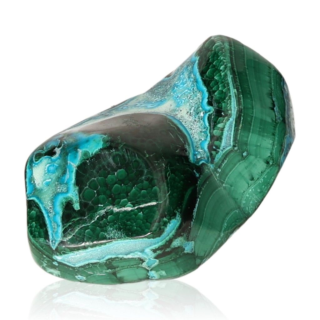 Blue Chrysocolla with Malachite gemstone showcasing calming and transformative properties for crystal collectors and healers.